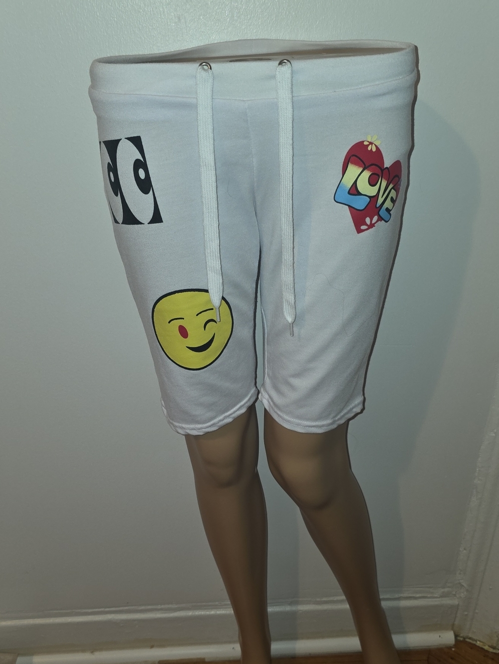 White Emoji Patch Drawstring Shorts